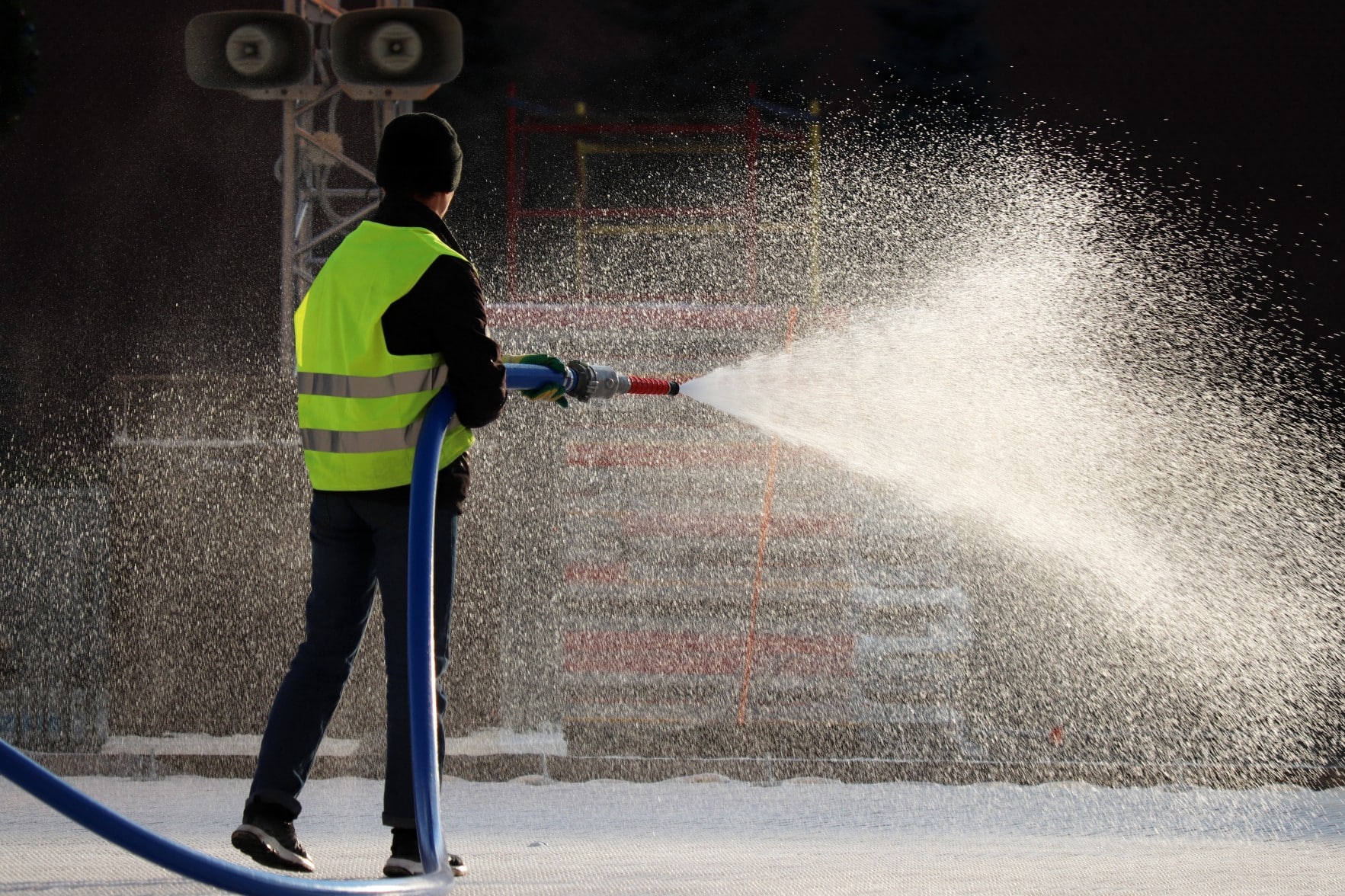 cleaning a stage after an event.